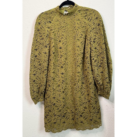ZARA Olive Green Velvet Lace Boho Western Style Mini Dress Size  XS‎ - Picture 1 of 3